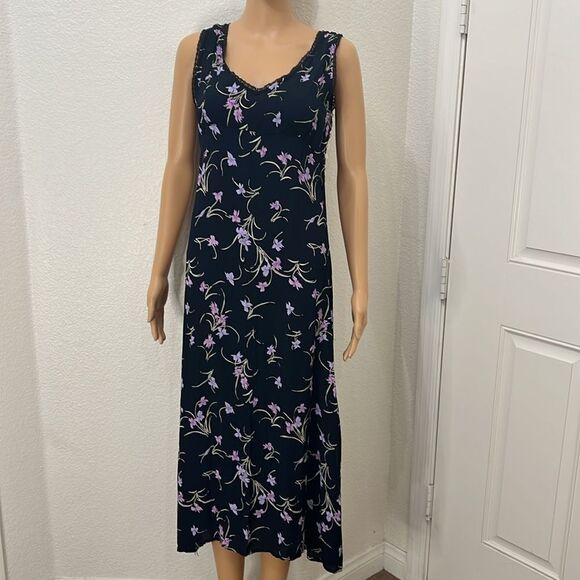 Floral Dress Sz Medium Made In India V Neck Sleeveless Midi 💯% Rayon Side Slit - Picture 5 of 9